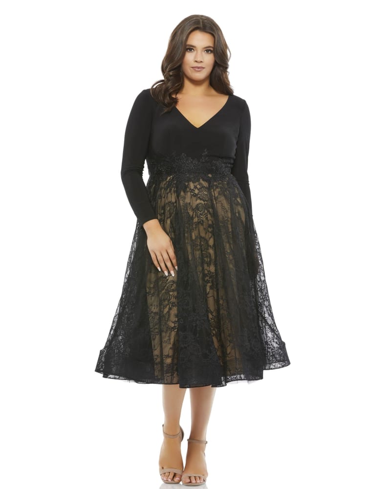 Front of a model wearing a size 12W Long Sleeve Jersey & Lace Cocktail Dress in Black / Nude by Mac Duggal. | dia_product_style_image_id:289927